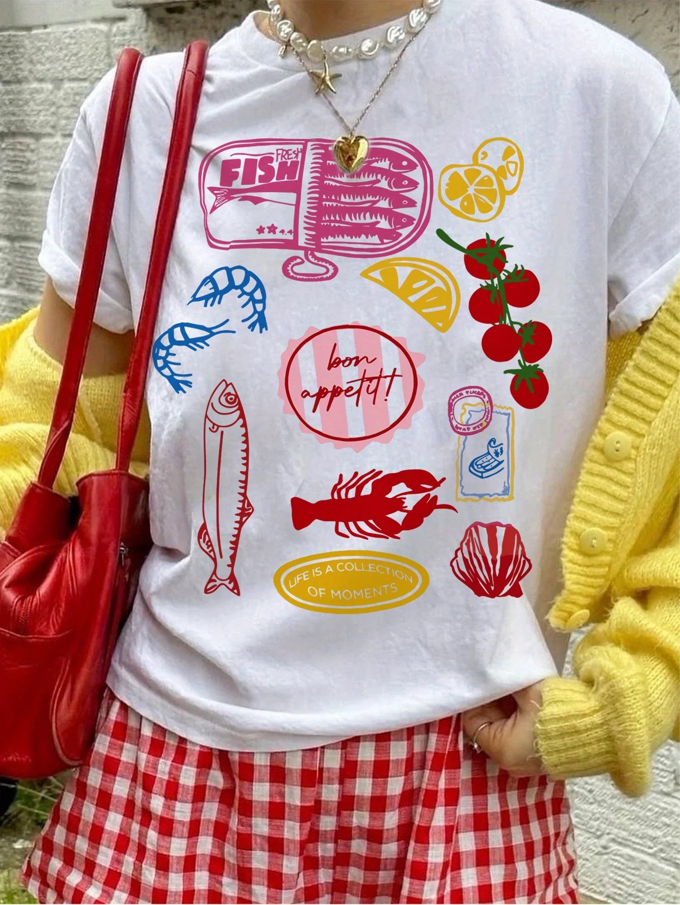 Cotton Tee With Seafood Fruit Pattern Loose Fit Graphic Top Vintage Inspired