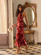 Boho Floral Halter Maxi Dress With Cutout And Tiered Ruffles Sleeveless