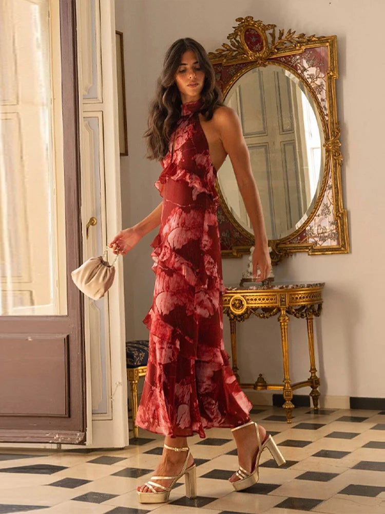 Boho Floral Halter Maxi Dress With Cutout And Tiered Ruffles Sleeveless