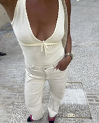 Backless Lace Up Crop Tank Top With V Neck