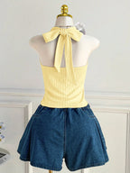 Plus Size Ribbed Halter Cami Top With V Neck And Back Tie Bow