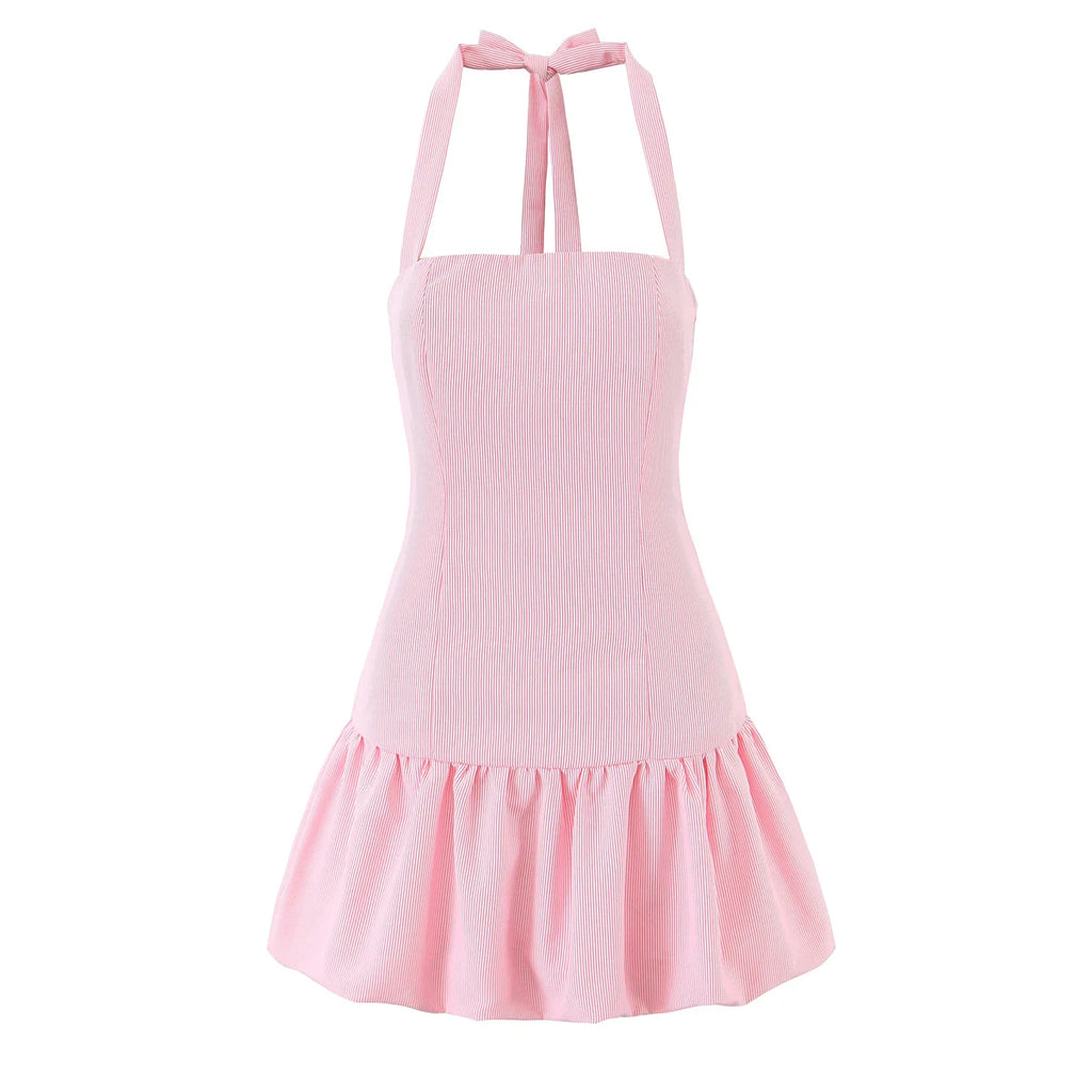 Stripes Tie Bow Halter Sling Satin Dress Women Low Waist Ball Gown Pleated