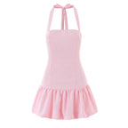 Stripes Tie Bow Halter Sling Satin Dress Women Low Waist Ball Gown Pleated
