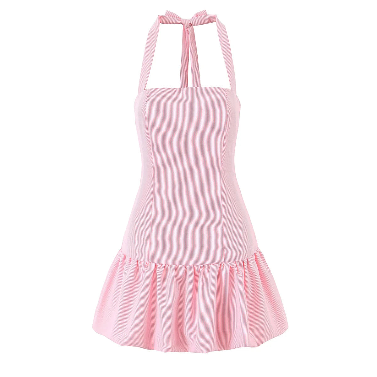 Stripes Tie Bow Halter Sling Satin Dress Women Low Waist Ball Gown Pleated