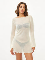 Seaside Sheer Beach Mini Dress With Ruffled Bell Sleeves Chic Vacation Cover Up Tunic