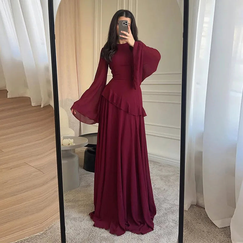 Flare Sleeve Maxi Dress With Ruffle Detail O Neck High Waist Pleated