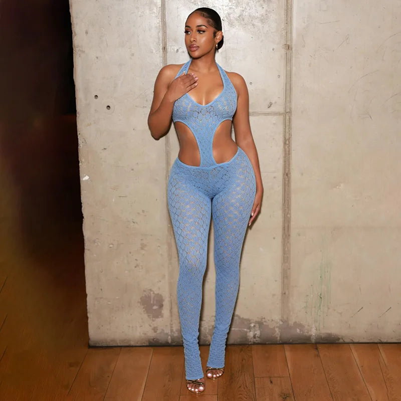 Mesh Backless Halter Jumpsuit With See Through Panels And Figure Hugging Fit