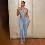 Mesh Backless Halter Jumpsuit With See Through Panels And Figure Hugging Fit