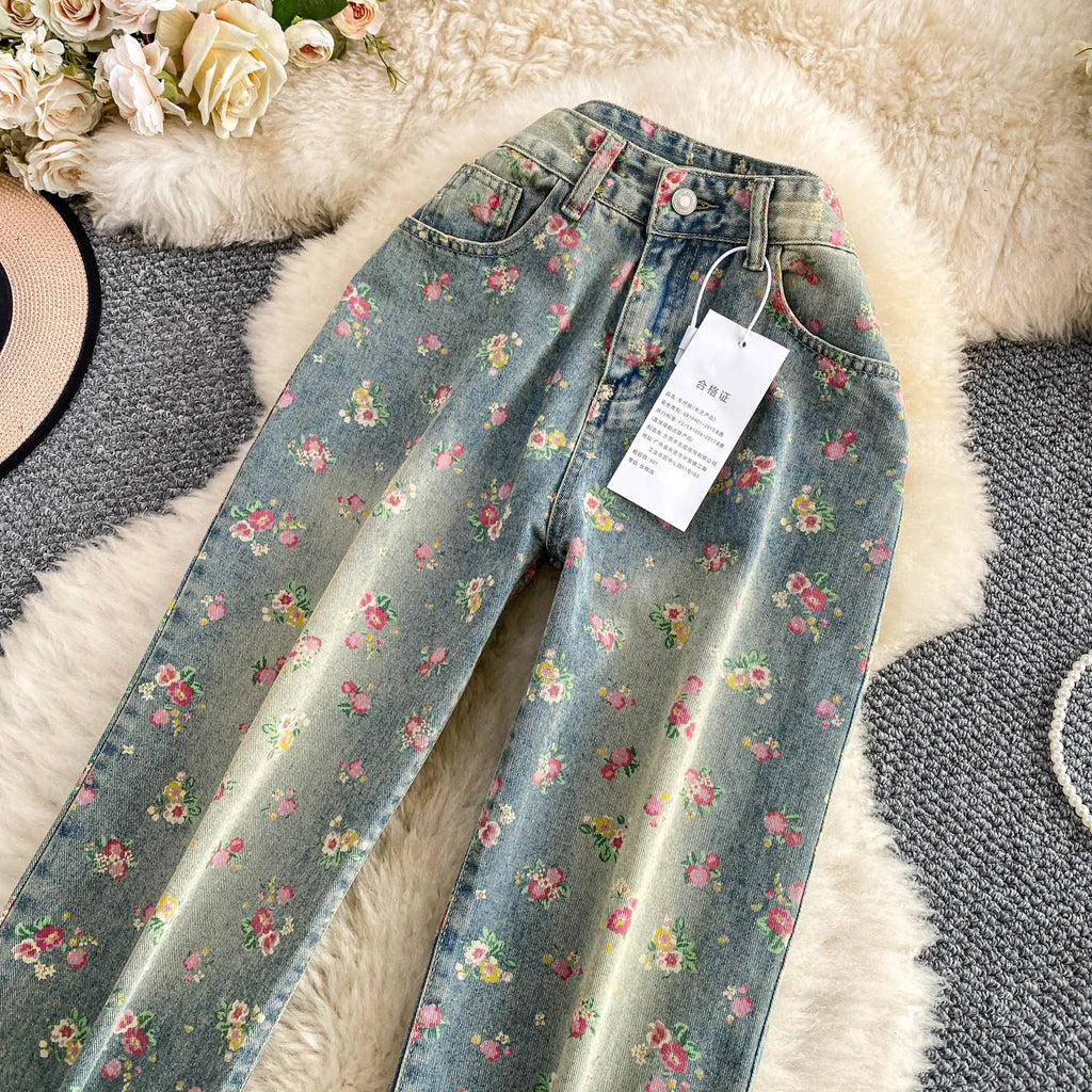 Floral Dream Denim Pants With Wide Leg Silhouette And High Waist