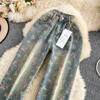 Floral Dream Denim Pants With Wide Leg Silhouette And High Waist