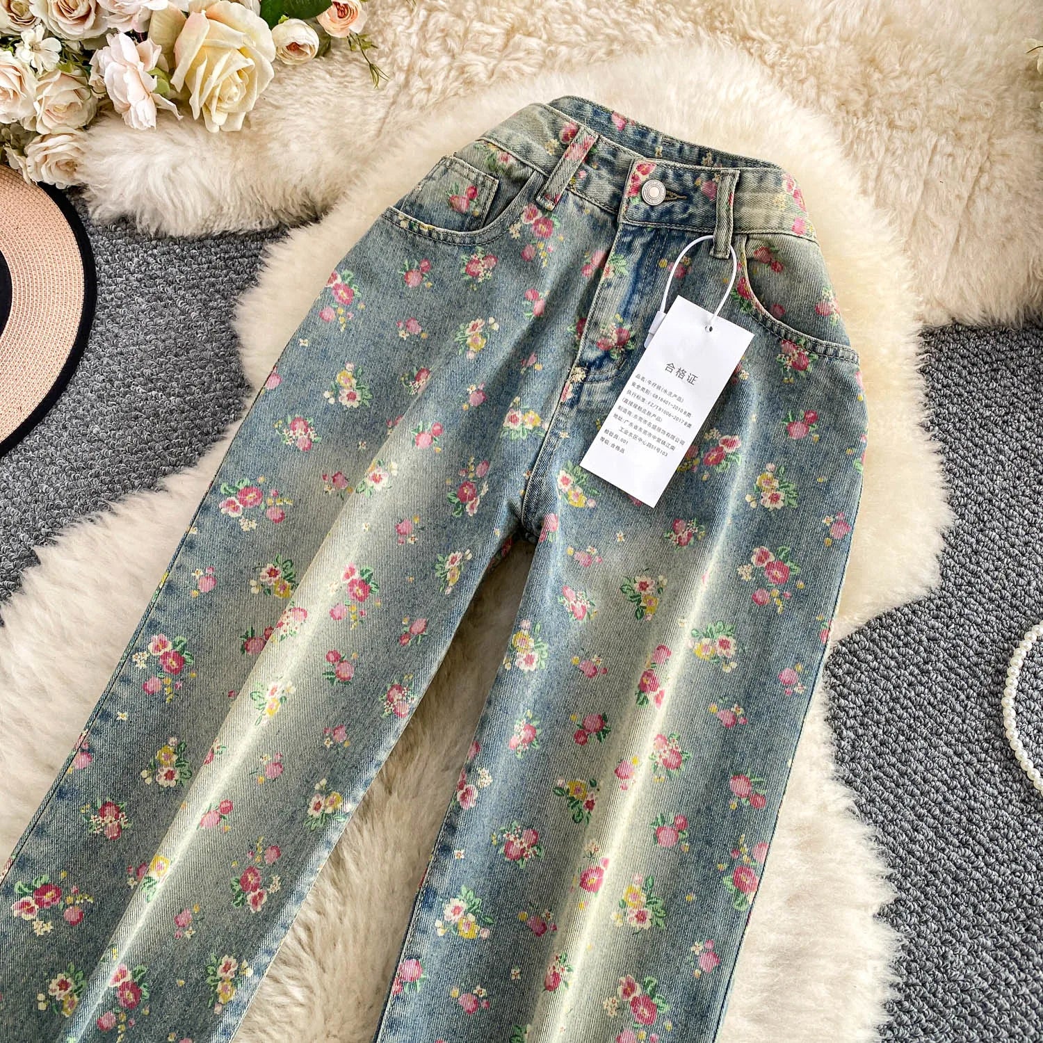 Floral Dream Denim Pants With Wide Leg Silhouette And High Waist
