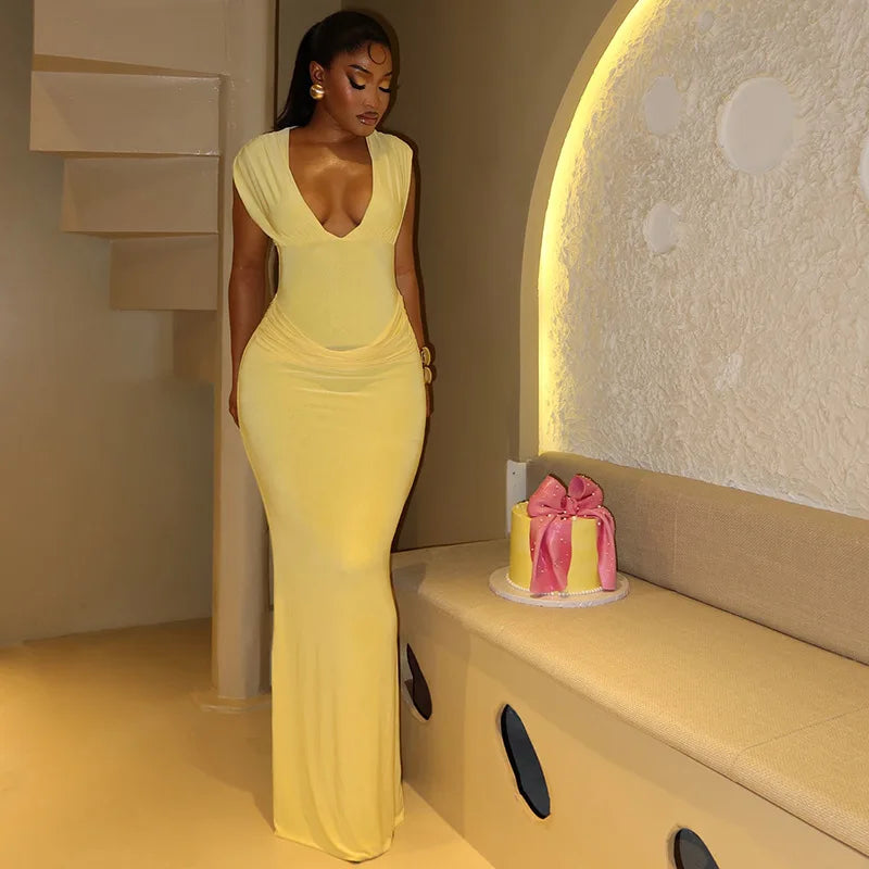 Sleeveless Ruched V Neck Bodycon Maxi Dress