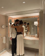 Backless Maxi Gown With Patchwork Lace Halter Neck Deep V And High Waist Elegance