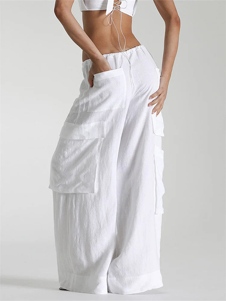 Streetwear Vibe Wide Leg Cargo Pants With Pockets And Drawstring Waist For Women