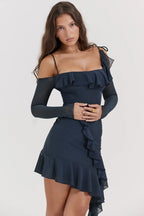 French Vintage Flounce Strap Dress with Irregular Bottom Hem Ribbon