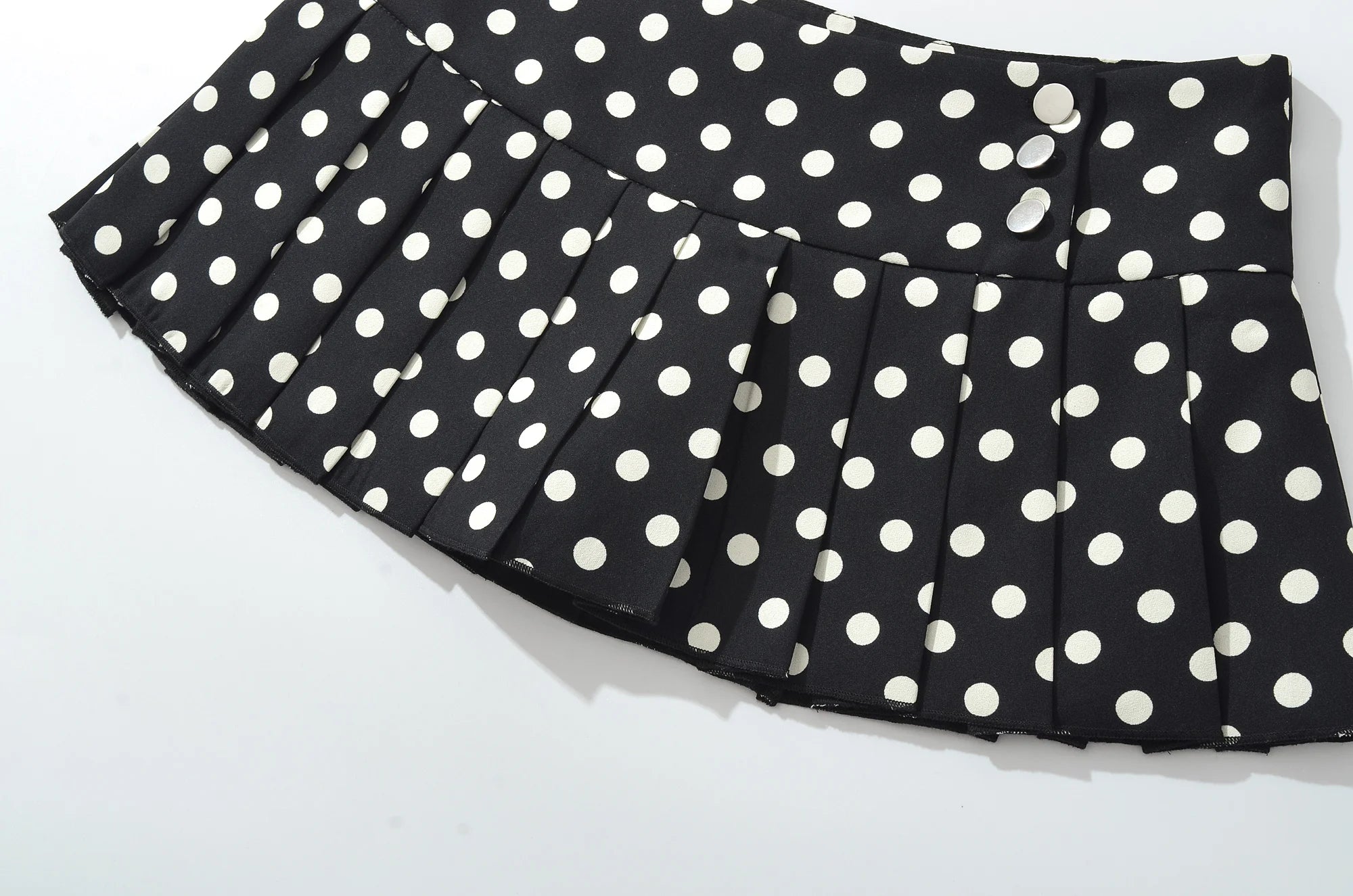 Black Polka Dot Pleated Mini With Shorts Lining Low Waist Skater Style Button Details