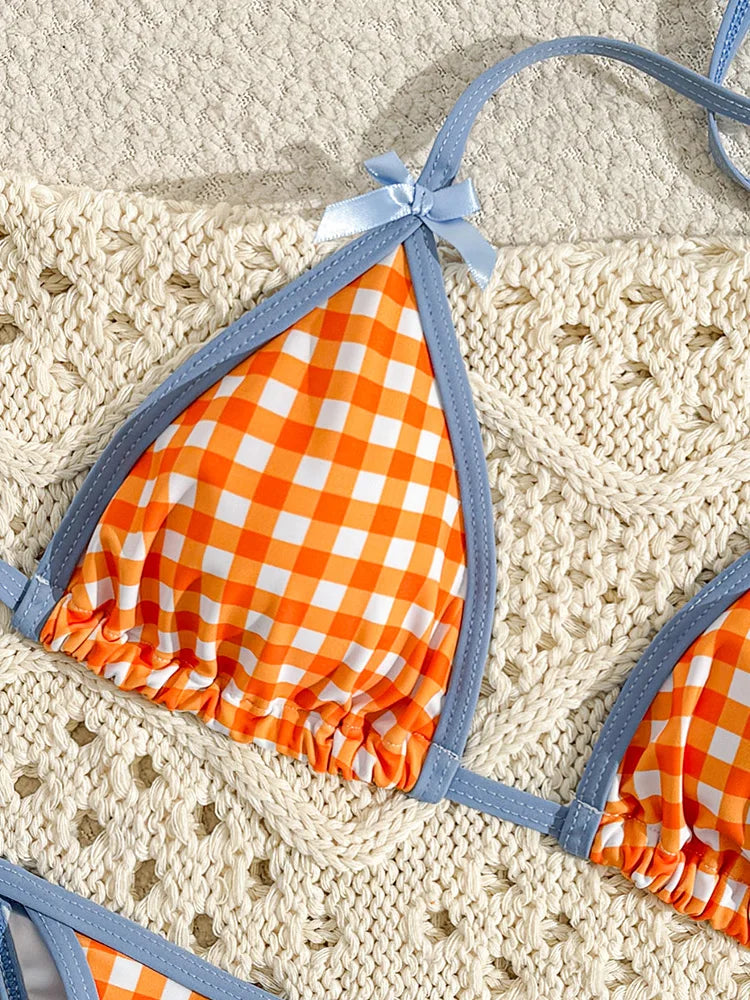 Plaid Lace-Up Bikini Set for Women Sexy Beach Swimwear