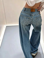 Gradient Blue Jeans for Women's Y2K Retro Niche High-end Classic Letter Stamping Jeans