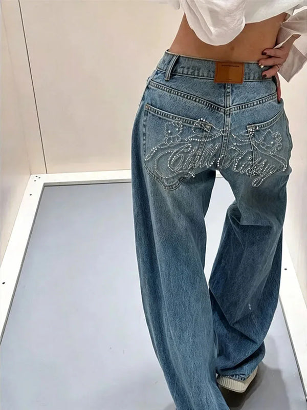Gradient Blue Jeans for Women's Y2K Retro Niche High-end Classic Letter Stamping Jeans