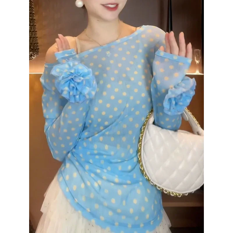 Breezy Ocean Blue Polka Dot Sheer Blouse With Long Sleeves And Boat Neck