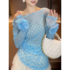 Breezy Ocean Blue Polka Dot Sheer Blouse With Long Sleeves And Boat Neck