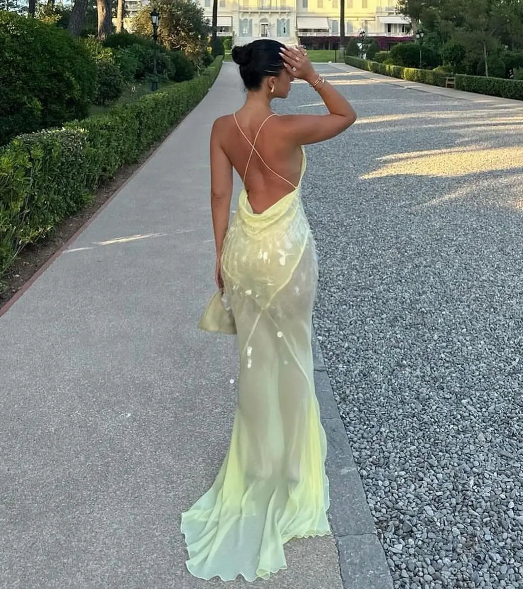 Sequin Deep V Neck Mermaid Maxi Dress Backless Sleeveless Lace Up Gown