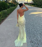 Sequin Deep V Neck Mermaid Maxi Dress Backless Sleeveless Lace Up Gown