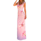 Elegant Floral Printed Pleated Maxi Dress With High Waist And V Neck Sleeveless