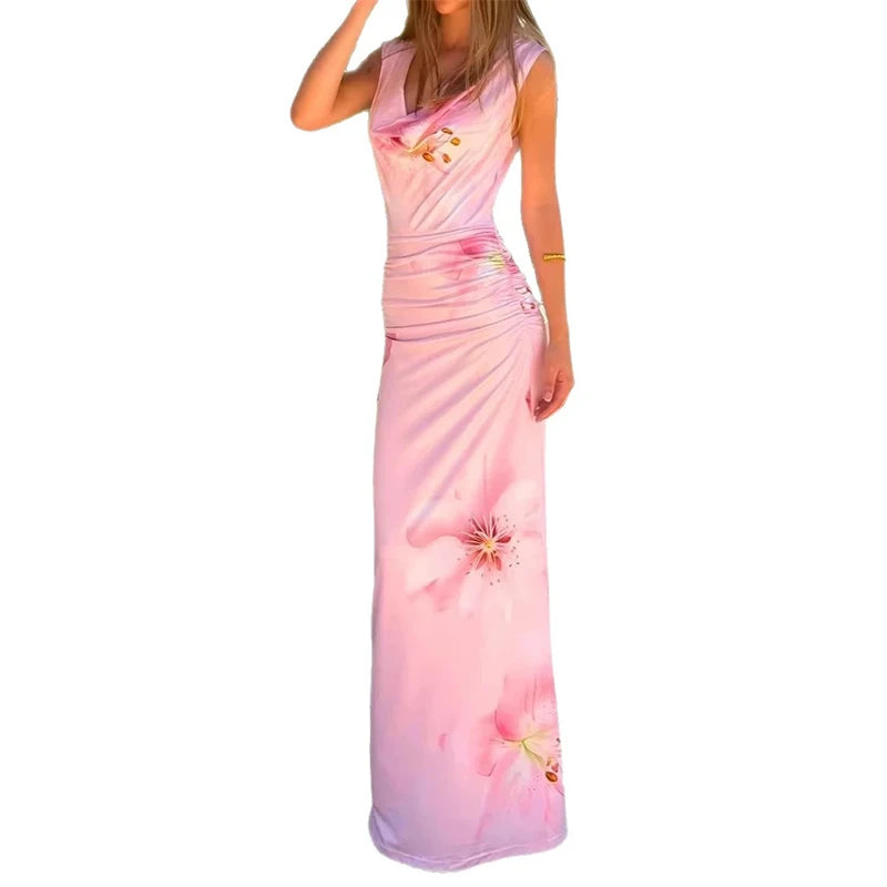Elegant Floral Printed Pleated Maxi Dress With High Waist And V Neck Sleeveless
