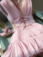 Pink Fairy Cute Short Cocktail With Ruffles Design Princess V Neck Bows Dress