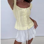 Cap Sleeve Button Down Blouse With Delicate Frill Trim