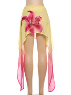 Floral Print Mini Skirt With Elastic Waist Gradient Mesh Tassel Detail