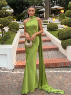 Sexy Satin Ribbon Backless Halter Dress For Elegant Evening Gown