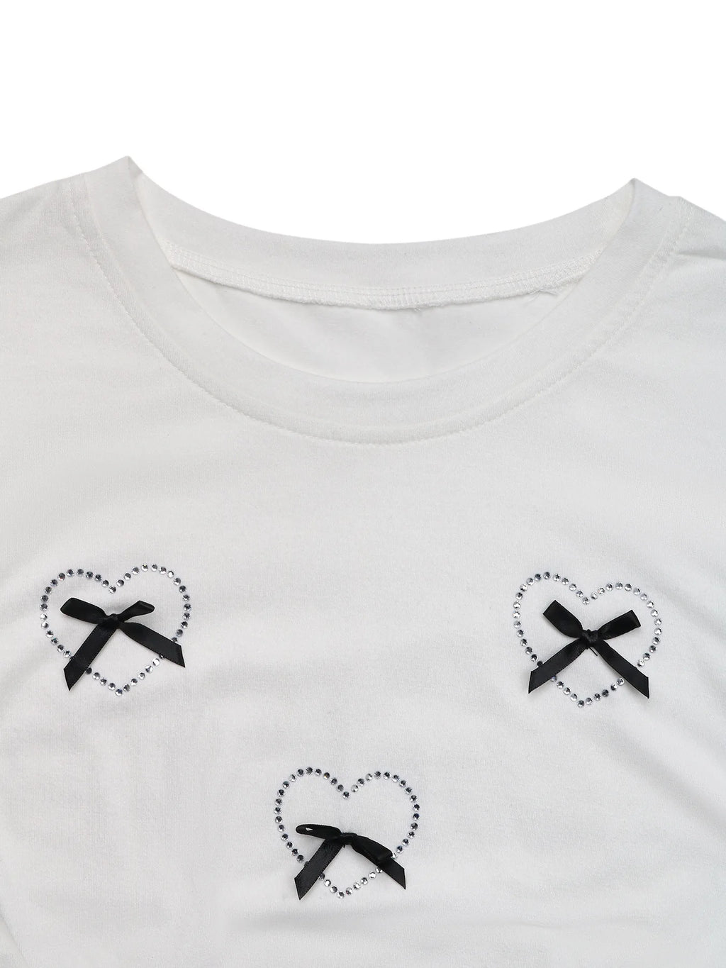 White Bow Heart Crop Tee O Neck Short Sleeve