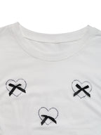 White Bow Heart Crop Tee O Neck Short Sleeve