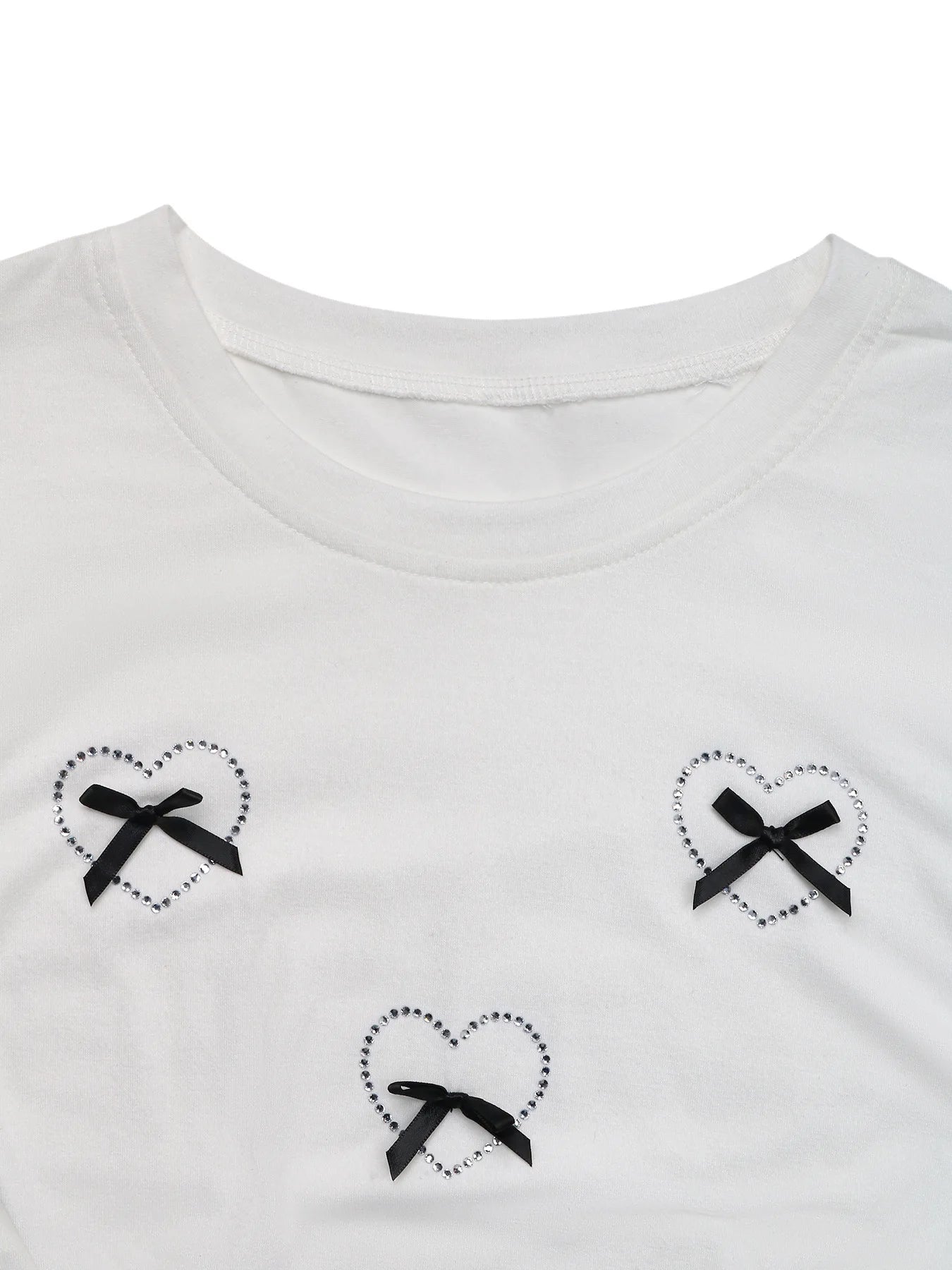 White Bow Heart Crop Tee O Neck Short Sleeve