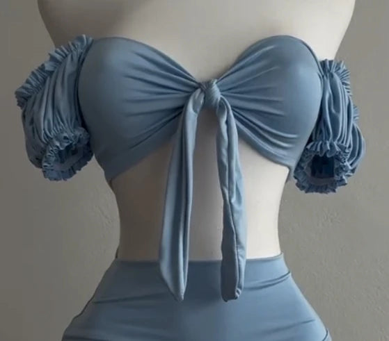 Alluring Two Piece Set With Wrapped Hip Skirt And Hollowed Pleated Puff Sleeves