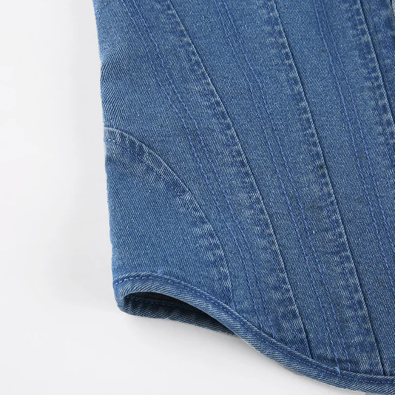 Off Shoulder Denim Corset Tank Top With Lace Up Back Hollow Detail Slim Bustier Camisole