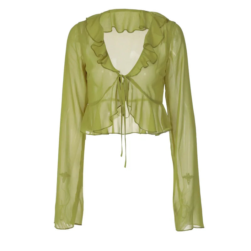 Chiffon Sheer Crop Tank Top With V Neck And Flare Sleeves