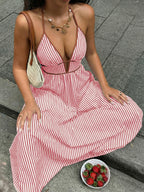 Sea Breeze Striped Deep V Beach Dress With Backless Sleeveless Maxi
