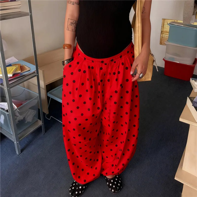Polka Dot Wide Leg Pants For Women With Elastic Waist Trousers