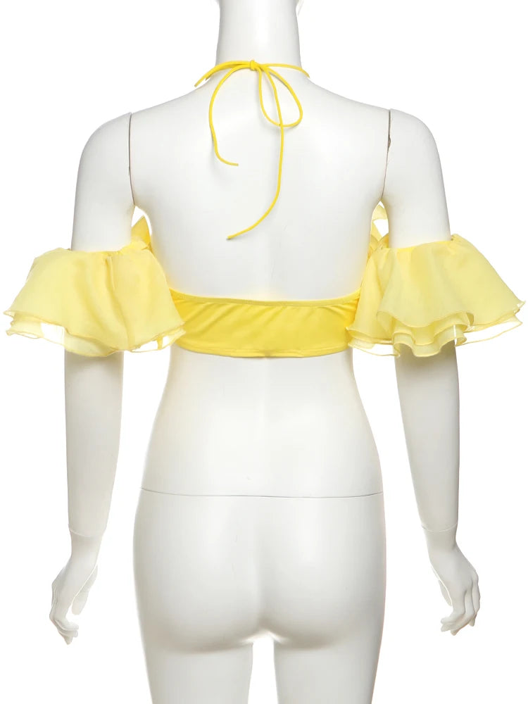 Elegant Y2K Sweet Style Ruched Tank Tops+Petal Sleeve Cover Women Lace-Up Halter