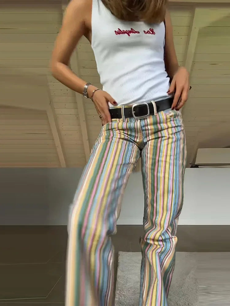 Vivid Multicolor Stripe Wide Leg Jeans With Pockets Low Waist Denim Trousers
