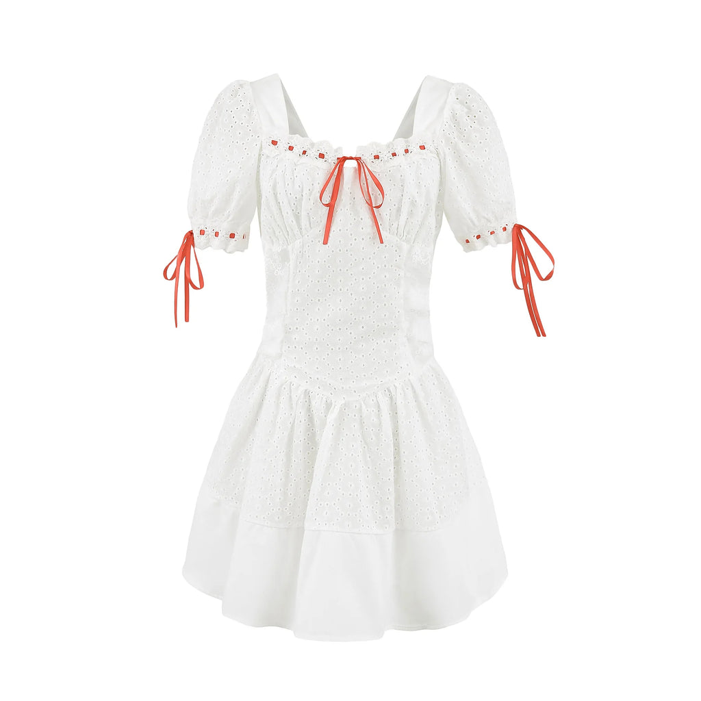 Vintage Bowknot White Dress With Square Collar Cotton Hollow Out