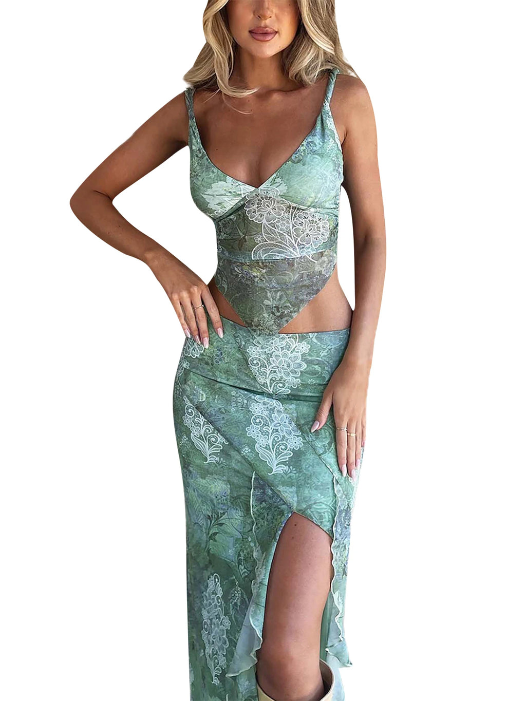 Two Piece Set Knit Print Cutout Crop Top With Bodycon Mini Skirt