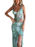 Two Piece Set Knit Print Cutout Crop Top With Bodycon Mini Skirt