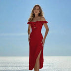 Off Shoulder Ruffle Midi Dress With Front Cutout High Waist Side Split