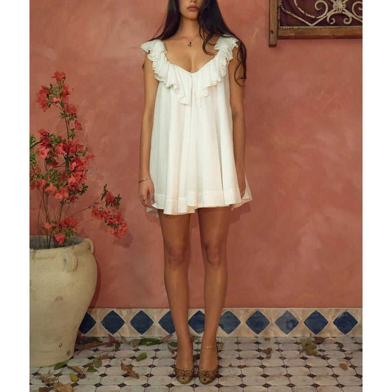 Fairy Layered Ruffle Trim V Neck Sleeveless Open Back Loose A-line Mini Babydoll Dress with Belt