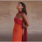 Orange Color Blocking Scarf Collar Maxi Dress For Lady Sleek Cinched Waist Bodycon Silhouette