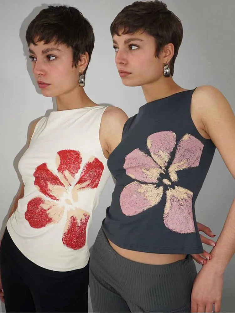 Floral Print Crop Tank Top For Women Fitted Boat Neck Sleeveless